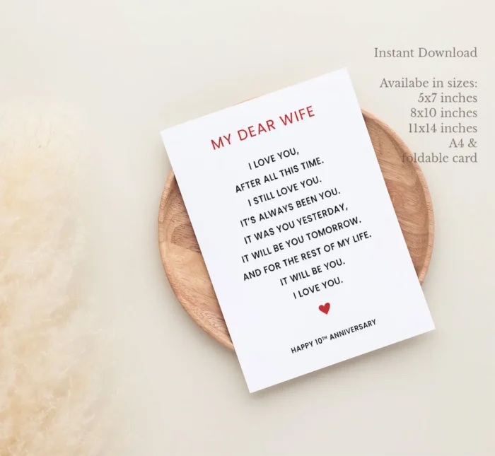 10th Anniversary Card for wife